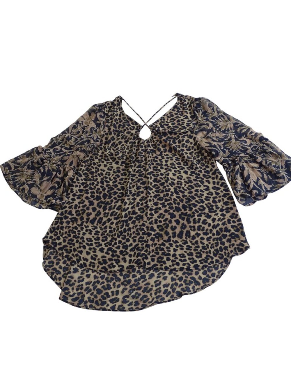 Cato Tan Black Leopard Animal Print Bell 3/4 Sleeve Tunic Top Womens Size M
